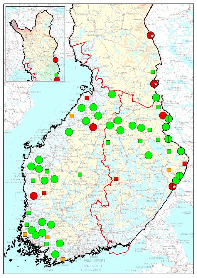 Kartassa on kuvattu susilaumat sekä kahden suden asuttamat reviirit maaliskuussa 2021. Eniten laumoja on Itä-Suomessa, Varsinais-Suomessa, Etelä-Satakunnassa sekä Etelä- ja Pohjois-Pohjanmaalla. 