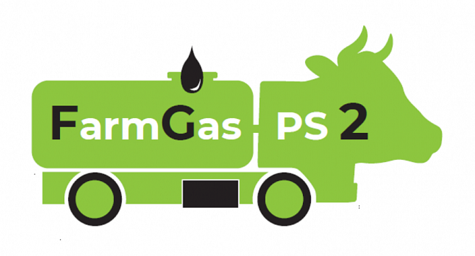 FarmGas PS 2-hankkeen logo. Logo on vihreä kulkuneuvo, jolla lehmän pää.