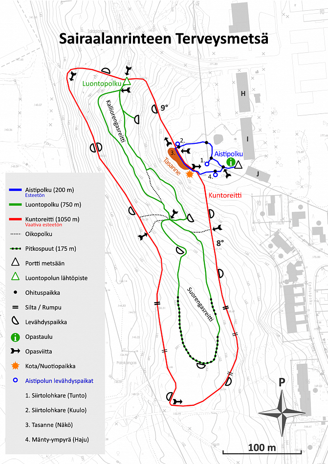 Karttakuva sairaalanrinteen reitistöstä.
