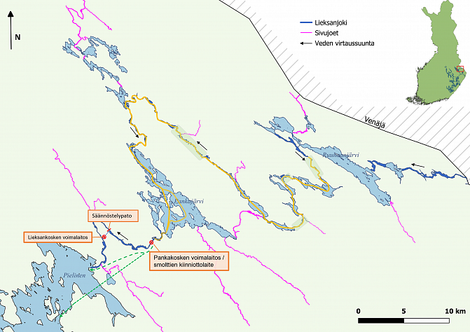 Kuvassa on kartta, jossa esitetään smolttien vaellusreitti Lieksanjoen yläjuoksun koskijaksoilta Pankakosken voimalapadolle