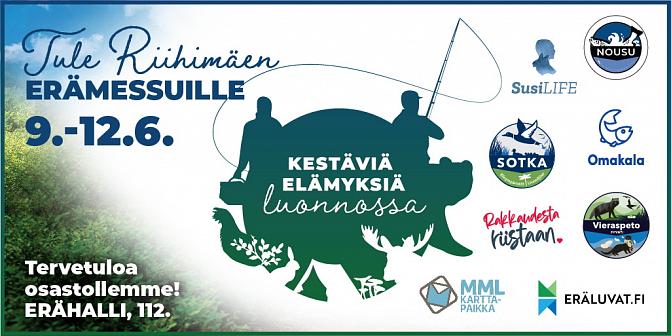 Erämessumainos mallia 2022. Maa- ja metsätalousministeriön hallinnonalan osallistuvat hankkeet logoina. Kuvituskuvassa metsää, kalastamista, riistaa.