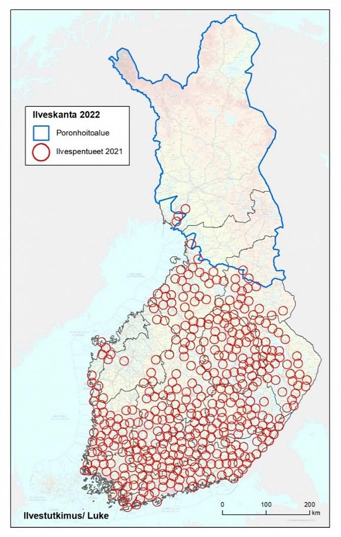 Ilveshavaintoja tehdään eniten poronhoitoalueen eteläpuolella.