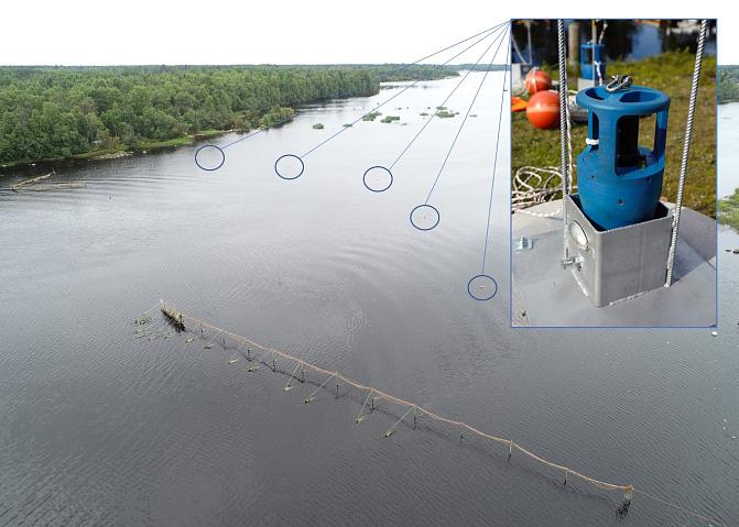 Kuvaan Iijoesta on ympyröity paikat, joihin on asennettu kuusi hylkeiden äänikarkotinta. 