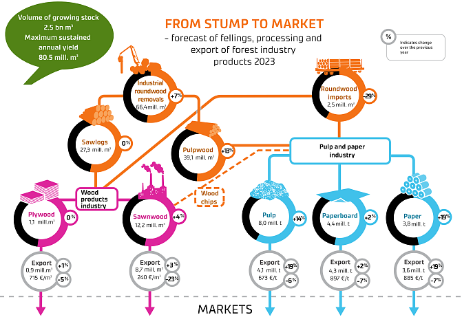 The image "From the stump to the market" shows a forecast of felling, processing and export of forest industry products in 2023. The content of the infographic is explained in the text and tables of the release.