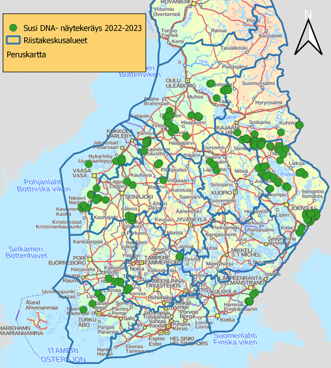 Kuva susien DNA-näytekeräyksen tilanteesta 6.2.2023