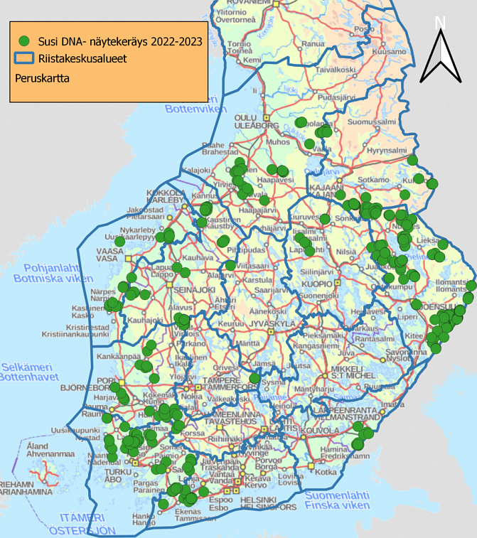 Kuva susien DNA-näytekeräyksen tilanteesta 16.2.2023