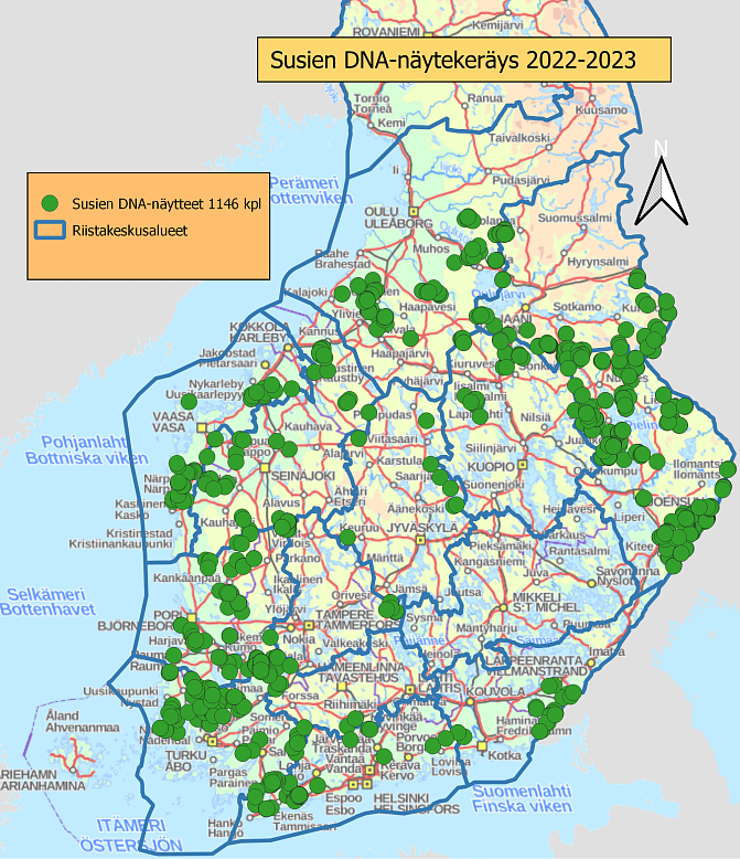 2022-2023 kerätyt susien DNA-näytteet Suomen kartalla.