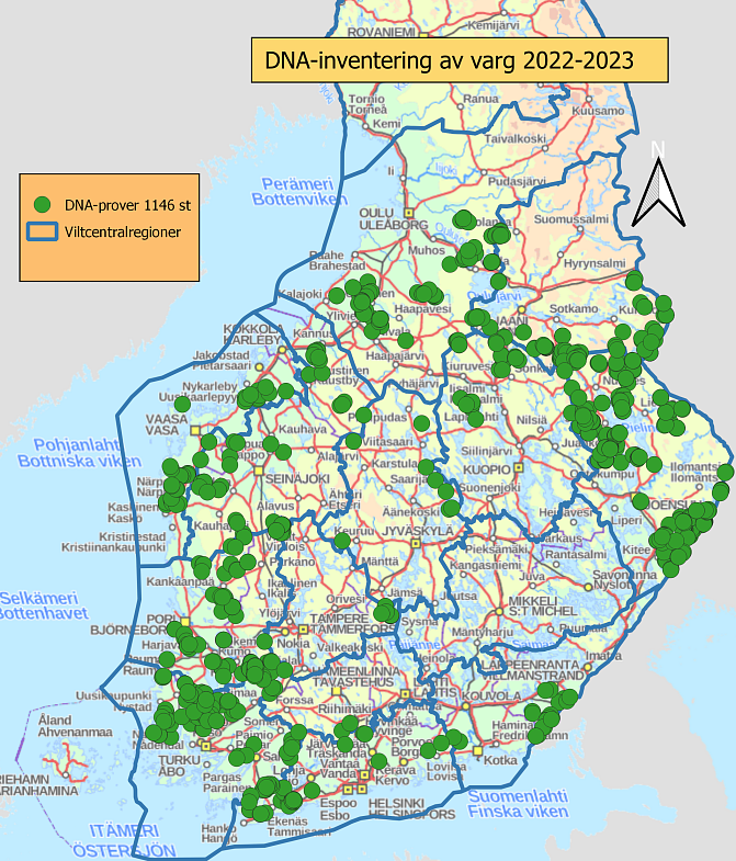  Varg-DNA-prover insamlade 2022-2023 på kartan över Finland.