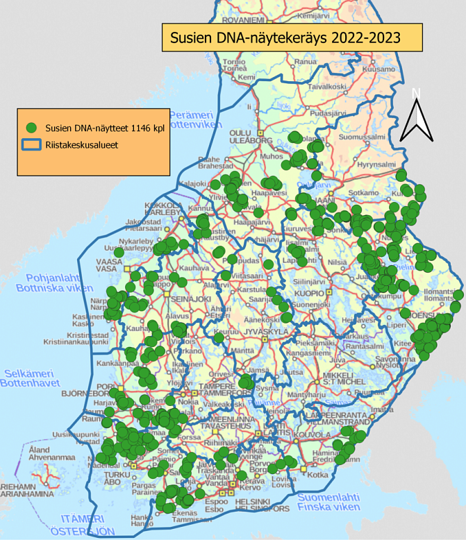 Kerätyt susien DNA-näytteet 2022-2023