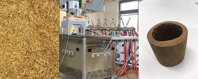 Three photos: Straw, multi-screw extruder and biocomposite.