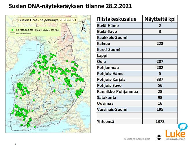 Kuva susien DNA-näytekeräyksen tilanteesta 28.2.2021
