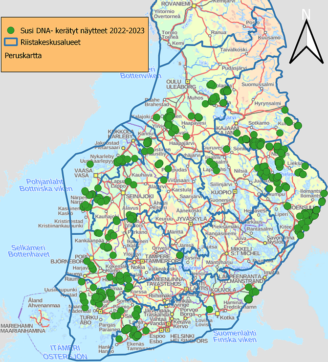 Kerätyt suden DNA-näytteet 22.2.2023 mennessä merkittynä Suomen kartalle.
