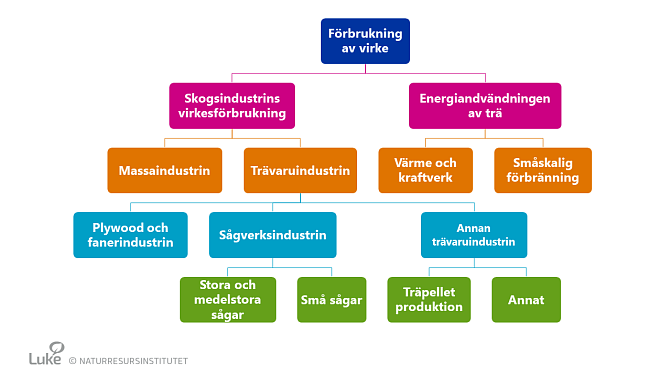 Figuren visar strukturen för statistiken över Förbrukning av virke: den omfattar årliga uppgifter om volymerna av virke som förbrukas inom skogsindustrin och energiproduktionen i Finland.