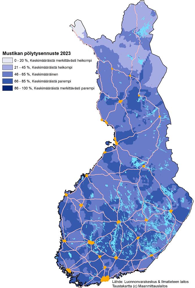 Mustikan pölytysennuste vuonna 2023 Suomen kartalla.