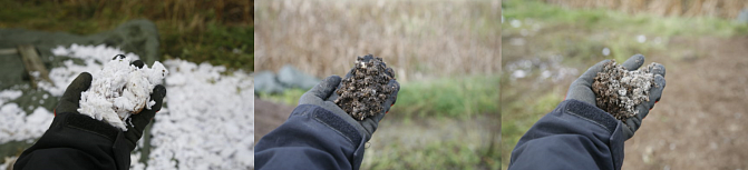 Vasemmalla nollakuitua, keskellä kompostoitua kuitua ja oikealla kalkkistabiloitua kuitua.