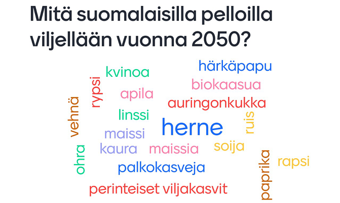 Sanapilvi teemasta Mitä Suomessa viljellään vuonna 2050? Vastauksia Okra-maatalousnäyttelystä: viljojen nimiä.
