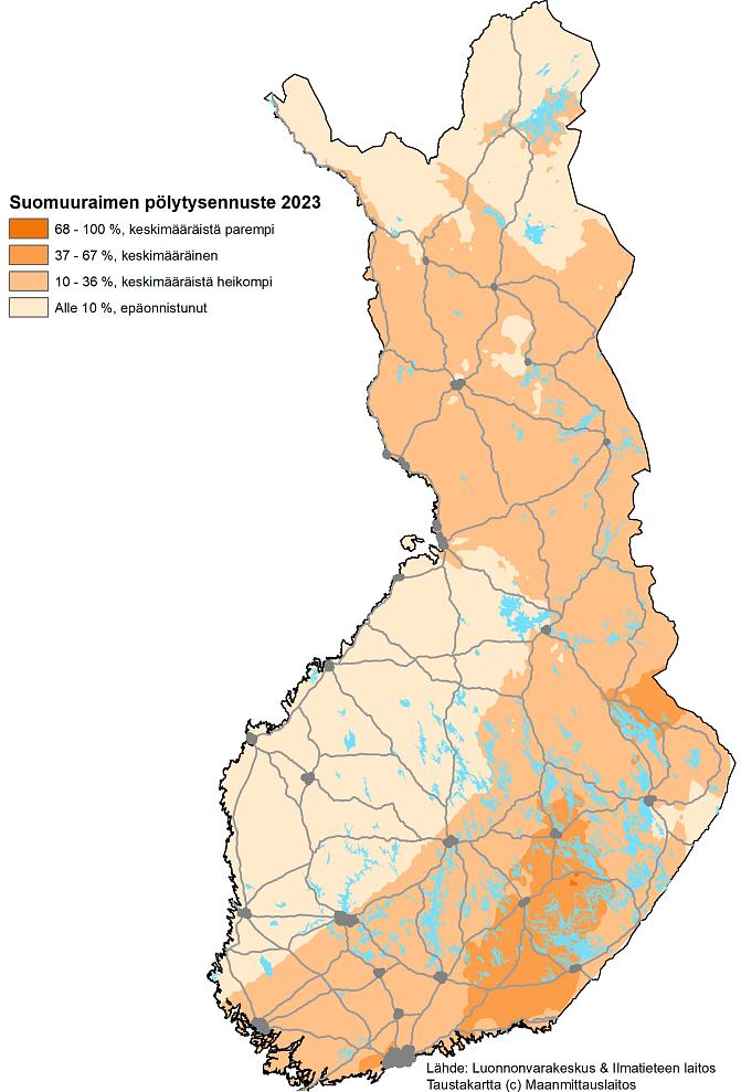 Ennuste suomuuraimen pölytystuloksesta eli raakileiksi asti kehittyneiden kukkien osuuksista. Mitä tummempi kartan keltainen sävy, sitä parempi pölytystulos. Pölytys on onnistunut parhaiten Itä-Suomessa ja Lapissa .