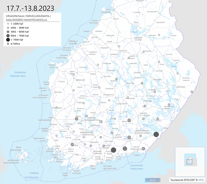 Kirjanpainajahavainnot kartalla, tulokset käyvät ilmi tiedotteesta