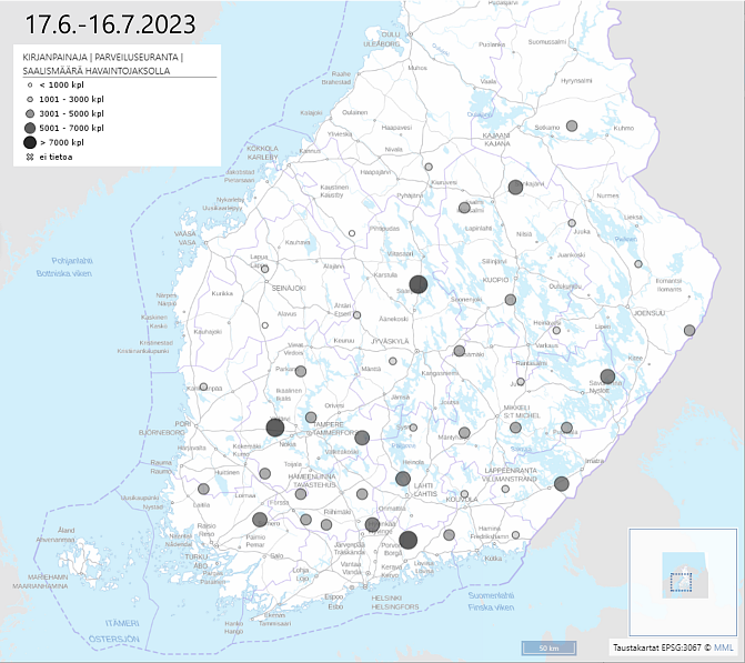 Kirjanpainajahavainnot kartalla, tulokset käyvät ilmi tiedotteesta