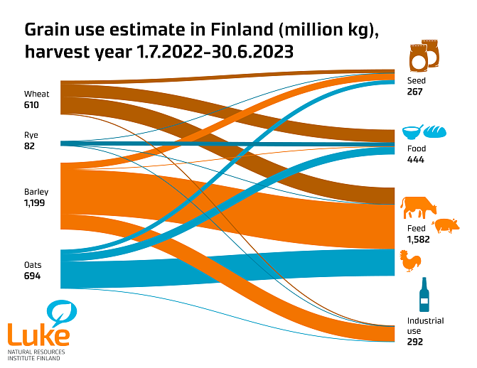 About 1,200 million tons of barley were used from the 2022 grain harvest in Finland during the harvest year. The total use volume of wheat, oats and rye was approximately 1,800 million tons. For feed, about 1,600 million tons of grain were used. The remainder, or about 1,000 million tons, was mostly spent on food, the beverage industry and sowing seed.