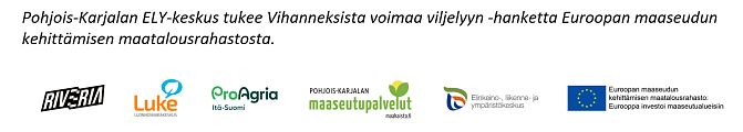 Vihanneksista voimaa viljelyyn -hankkeen logot vasemmalta oikealle: Riveria, Luke, ProAgria, Pohjois-Karjalan maaseutupalvelut, ELY-keskus ja EU