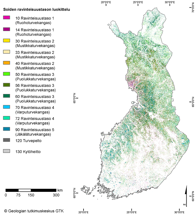Karttakuva soiden ravinteisuustasosta