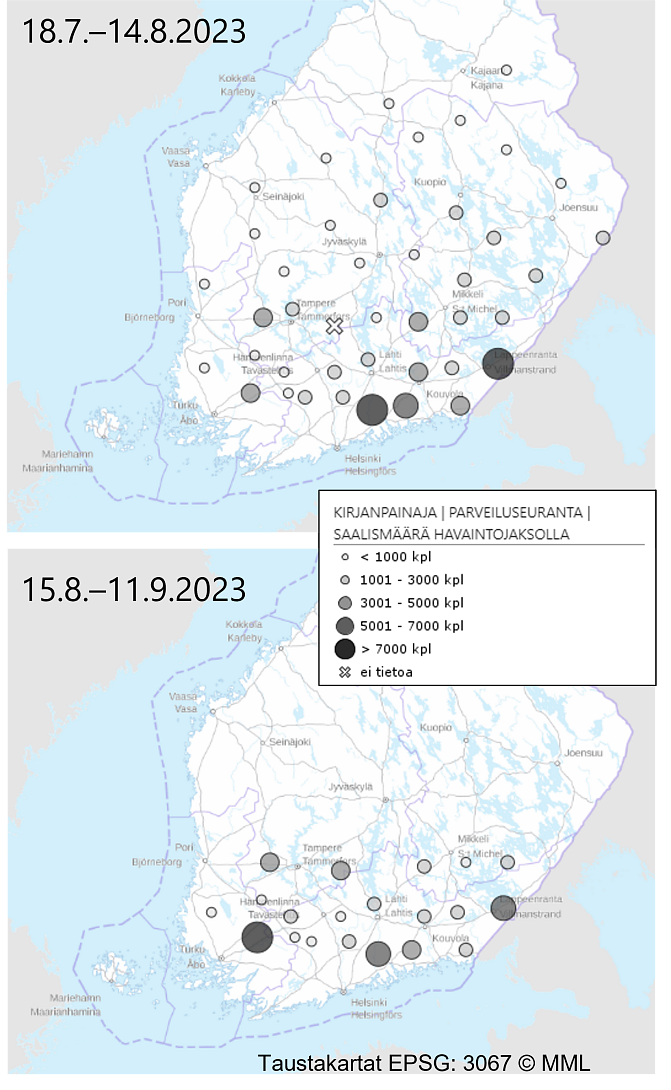 Kirjanpainajakuoriaiset esiintymät kartalla - kesä 2023 ja syksy 2023
