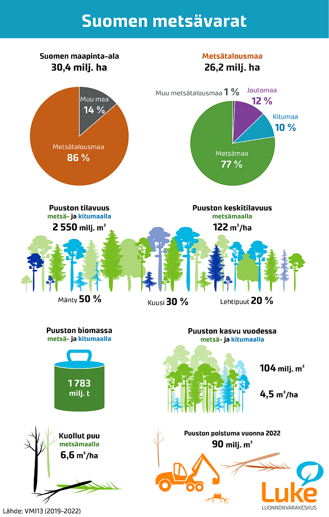 Infograafi, jossa esitetään Suomen metsävarat vuonna 2023.