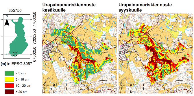 Karttakuvaa urapainumien riskiennusteista