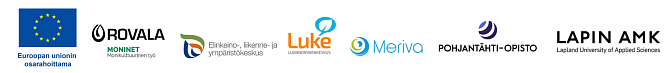 LuovaLumot-hankkeet logot: EU, Rovala, ELY, Luke, Meriva, Pohjantähti-opisto, Lapin amk