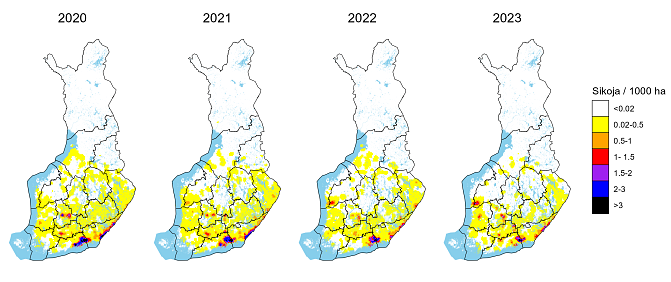 Kartoilla esitetään villisian levinneisyys ja runsaus hirvenmetsästäjien arvioihin perustuen vuodesta 2020 lähtien. Alueellisesti eniten villisikoja tavataan Kaakkois-Suomessa ja itäisellä Uudellamaalla, mutta yksittäisiä tihentymiä havaitaan myös muualla Länsi- ja Etelä-Suomessa.