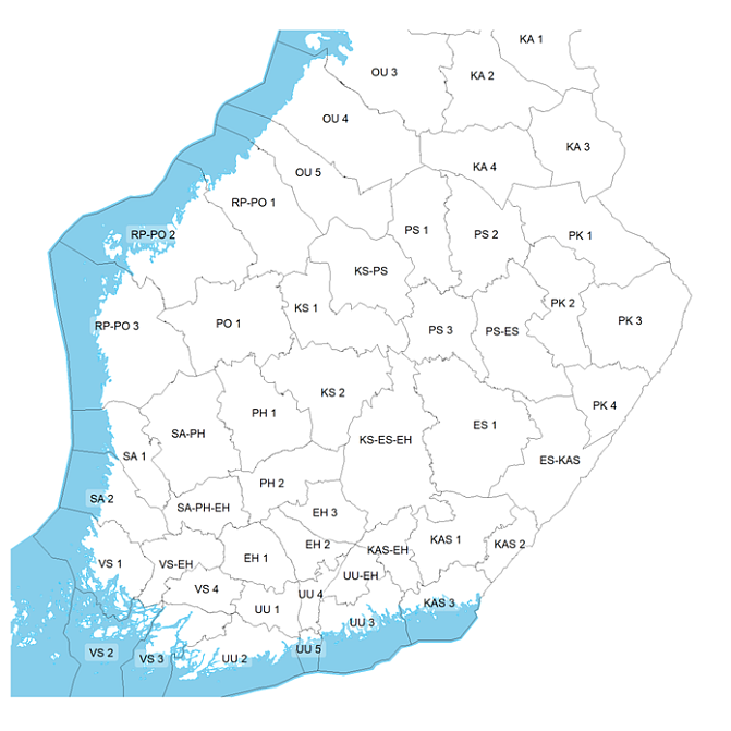 Kuvassa esitetään Etelä-Suomen hirvitalousalueet ja niistä käytetyt lyhenteet. 