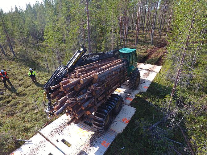 CLT-levyjä asetellaan raskaan puulastissa olevan metsäkoneen alle metsässä