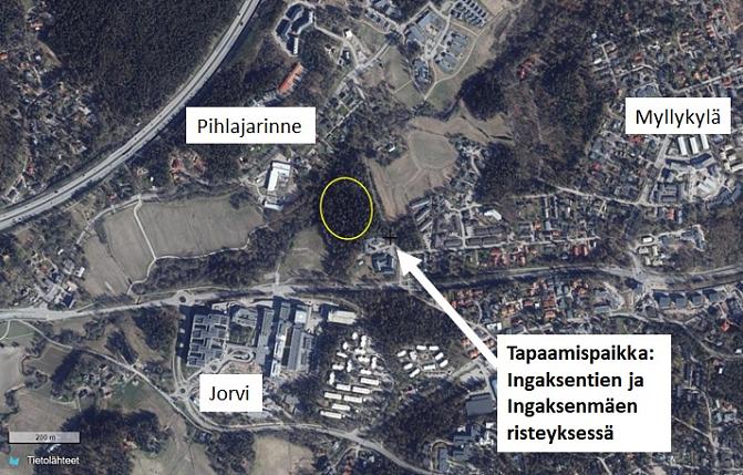 Karttakuva Espoon Lippsjärvestä. Tapaamispaikka Ingaksentien ja Ingaksenmäen risteyksessä