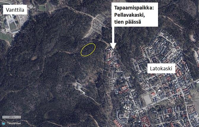 Karttakuva Espoon Latokaskista. Tapaamispaikka Pellavakasken tien päässä