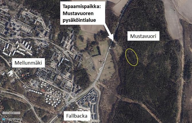 Karttakuva Mustavuoresta. Tapaamispaikka: Mustavuoren pysäköintialue