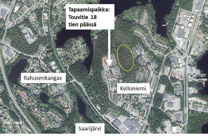 Karttakuva Kelloniemestä. Tapaamispaikka: Tuovitie 18 tien päässä