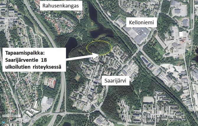 Karttakuva Saarijärvestä. Tapaamispaikka on Saarijärventie 18 ulkoilutien risteyksessä