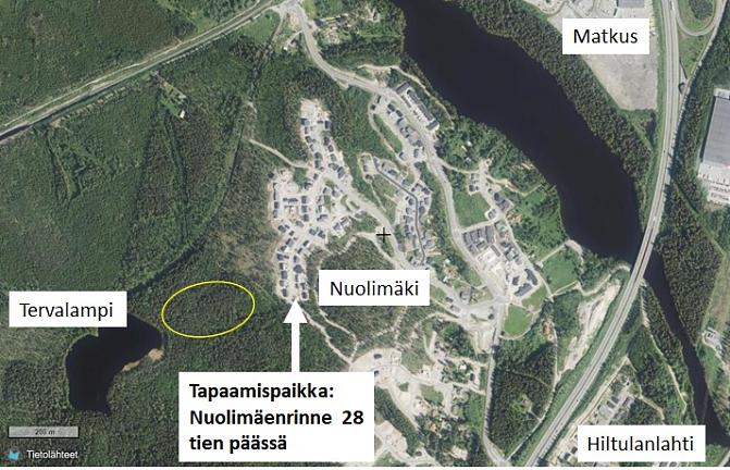 Karttakuva Hiltulanlahdesta. Tapaamispaikka: Nuolimäenrinne 28 tien päässä