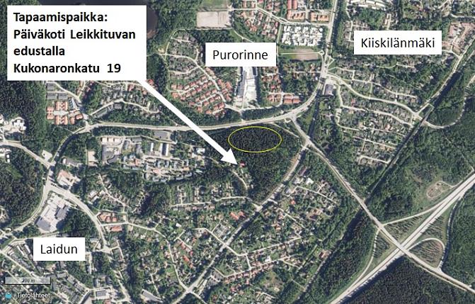 Karttakuva Kukonharjusta. Tapaamispaikka on päiväkoti Leikkituvan edustalla, odoite Kukonaronkatu 19