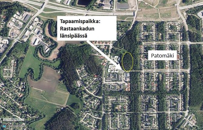 Karttakuva Patomäestä. Tapaamispaikka on Rastaankadun länsipäässä