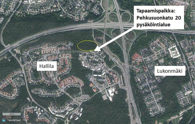 Karttakuva Hallilasta. Tapaamispaikka on Pehkusuonkatu 20, pysäköintialue