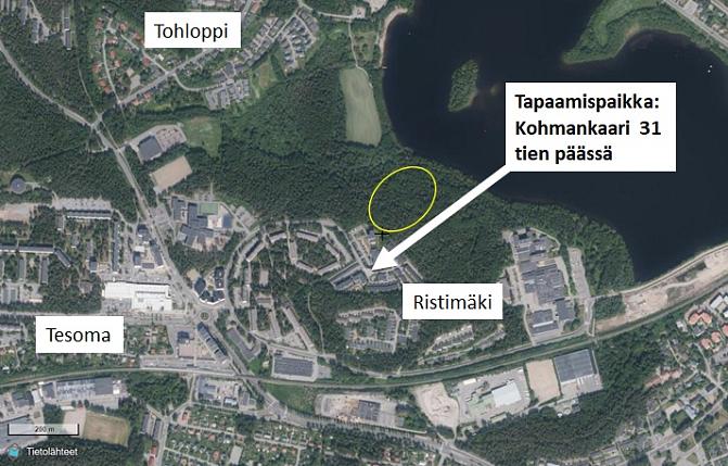 Karttakuva Ristimäestä. Tapaamispaikka on Kohmankaari 31, tien päässä