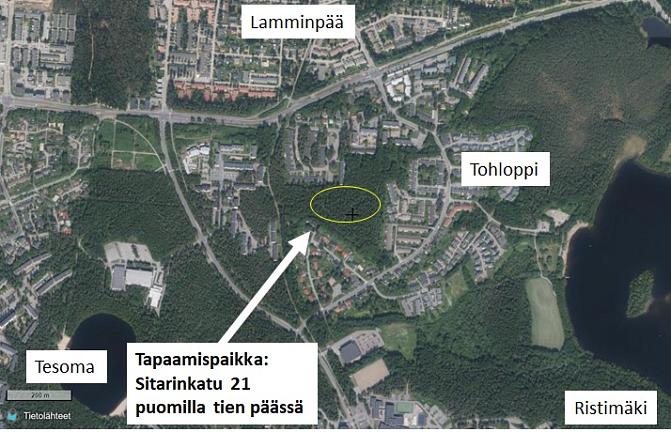 Karttakuva Tohlopinpuistosta. Tapaamispaikka on Sitarinkatu 21, puomilla tien päässä