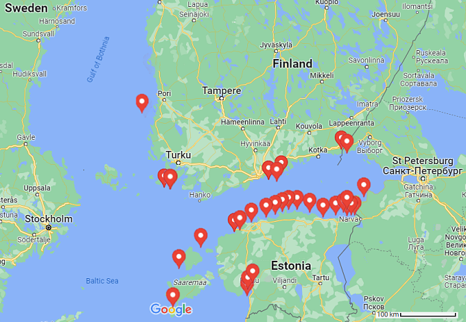 Atlantinsampihavaintoja kartalla, Suomen ja Viron rannikolla.