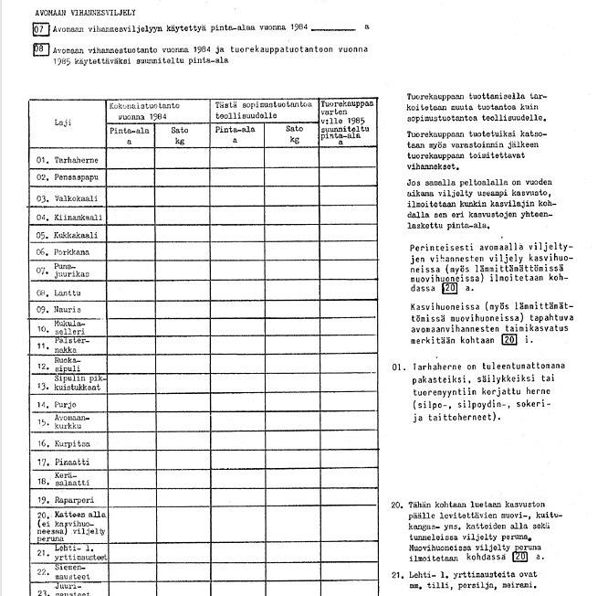 Skannattu kuva vuoden 1984 puutarhatilastokyselystä.