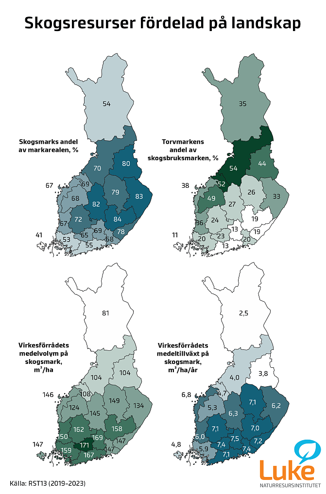 Infografik som visar Finlands skogsresurser per region år 2024. Mer detaljerad information finns i Riksskogstaxeringen 2019-2023. 
