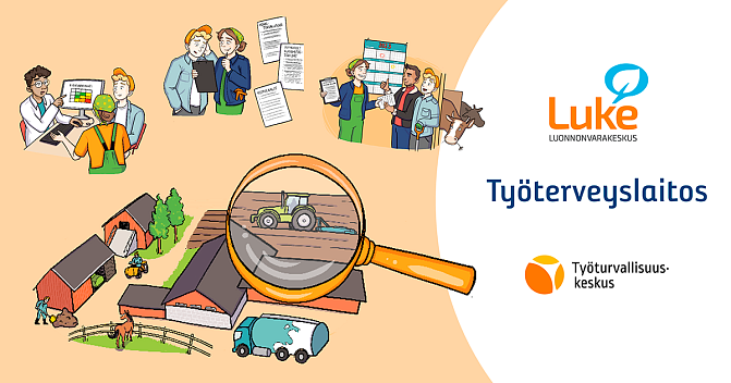 Erilaisia piirroshahmoja maatilan töissä.