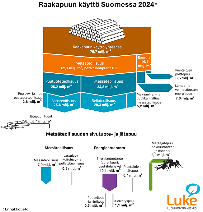 Infograaffi, jossa esitetään raakapuun käyttö Suomessa vuonna 2024. Infograafin tarkemmat tiedot löytyvät Metsäteollisuuden puunkäyttö 2024 -, Puun energiakäyttö 2024 - ja Puun käyttö 2024 -tilastojulkistuksista.