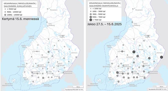 Kirjanpainajan parveiluseurannan saalismääriä kartalla.